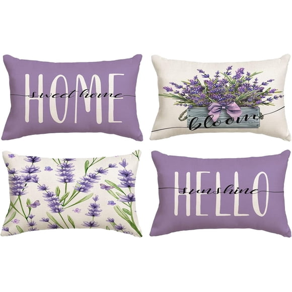 Set of 4 Lavender Pillow Covers 12x20 Spring Summer Pillow Covers Purple Floral Throw Pillow Covers Cushion Covers Lumbar Pillow Cases for Couch Sofa Outdoor Home Decorations(12 x20)
