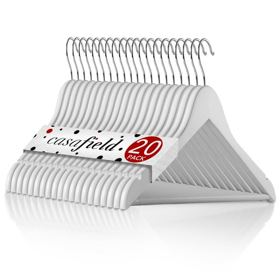 Casafield 20 Wooden Suit Hangers, White - Non-Slip Pant Bar & Swivel Hook