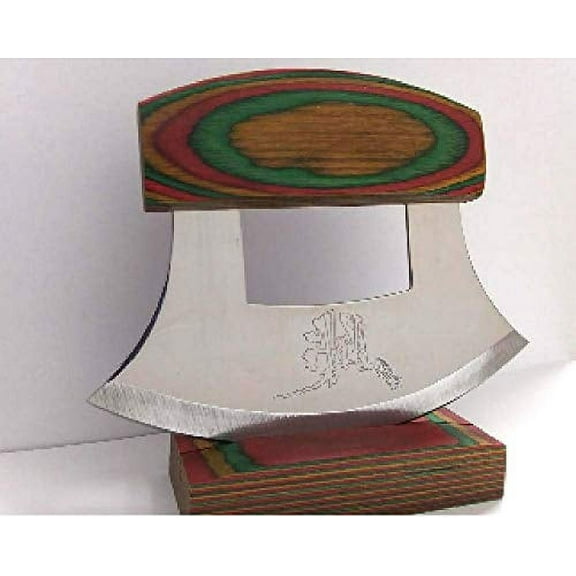 Exotic Wood Multi-Colored Handled Ulu Knife and Stand