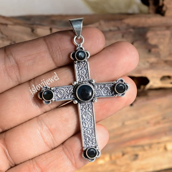 Black Onyx Gemstone 925 Sterling Silver Holy Cross Pendant Necklace