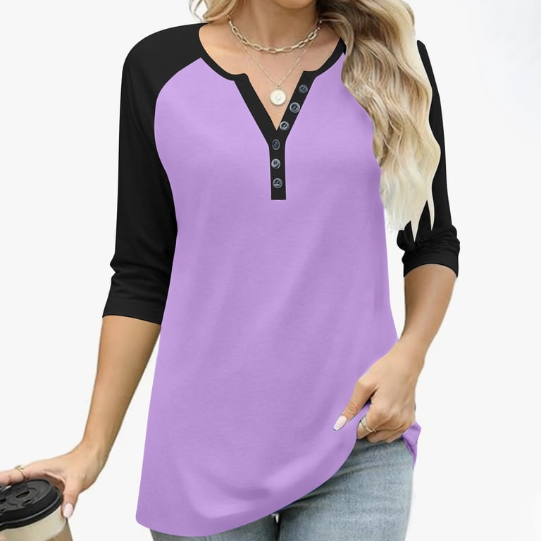 Otntypg Fall Henley Shirts for Women Dressy Casual Button V Neck Raglan 3 4 Length Sleeve Jersey Baseball T-Shirts Loose Soft Cotton Sport Athletic Basic Tee Tops Purple 02 XXXL - com