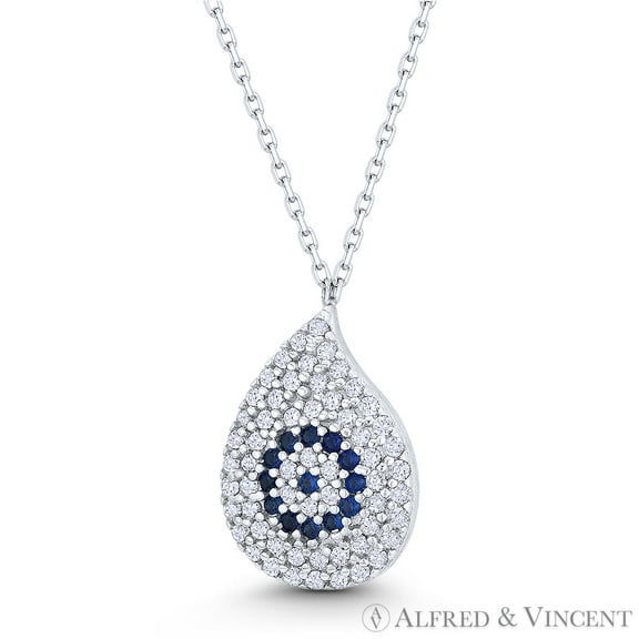 Evil Eye Tear-Drop CZ Crystal Pave Luck Charm Pendant & Chain Necklace in .925 Sterling Silver w/ Rhodium