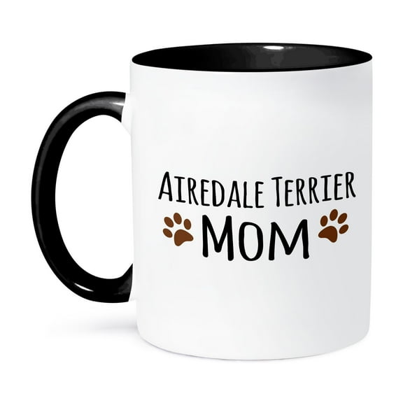 3dRose, Airedale Terrier Dog Mom - breed-specific design with brown paw prints - doggie lovers - doggy love, 11oz Two-Tone Black Mug