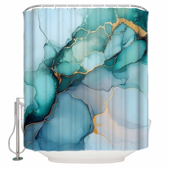 Marble Texture Shower Curtain Set ,Waterproof Fabric Shower Curtains Teal Gold Abstract Curves Impressionist Shower Curtains for Bathroom,Bathroom Decor 36"x72"