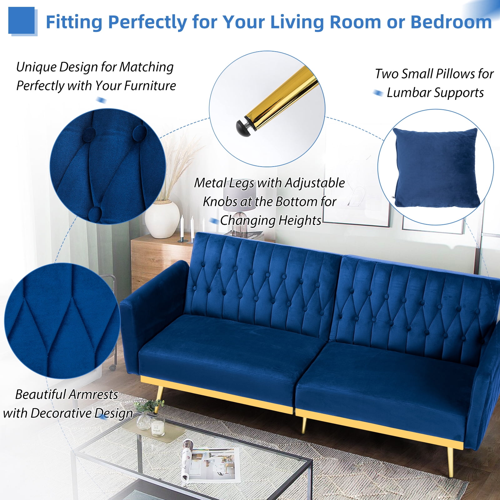 ACMEASE 70” Velvet Futon Sofa Bed with Adjustable Armrests and 2 Pillows, Convertible Futon Couch, Blue