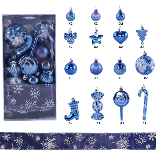 Christmas Ornament Set, Assorted Shapes Decorations, Painted Candy Canes, Holiday Balls, Ribbon Accents, for Christmas Tree Decorating, Holiday Parties, Festive Home Decor, 30 Count, Blue, by Ihhxbs