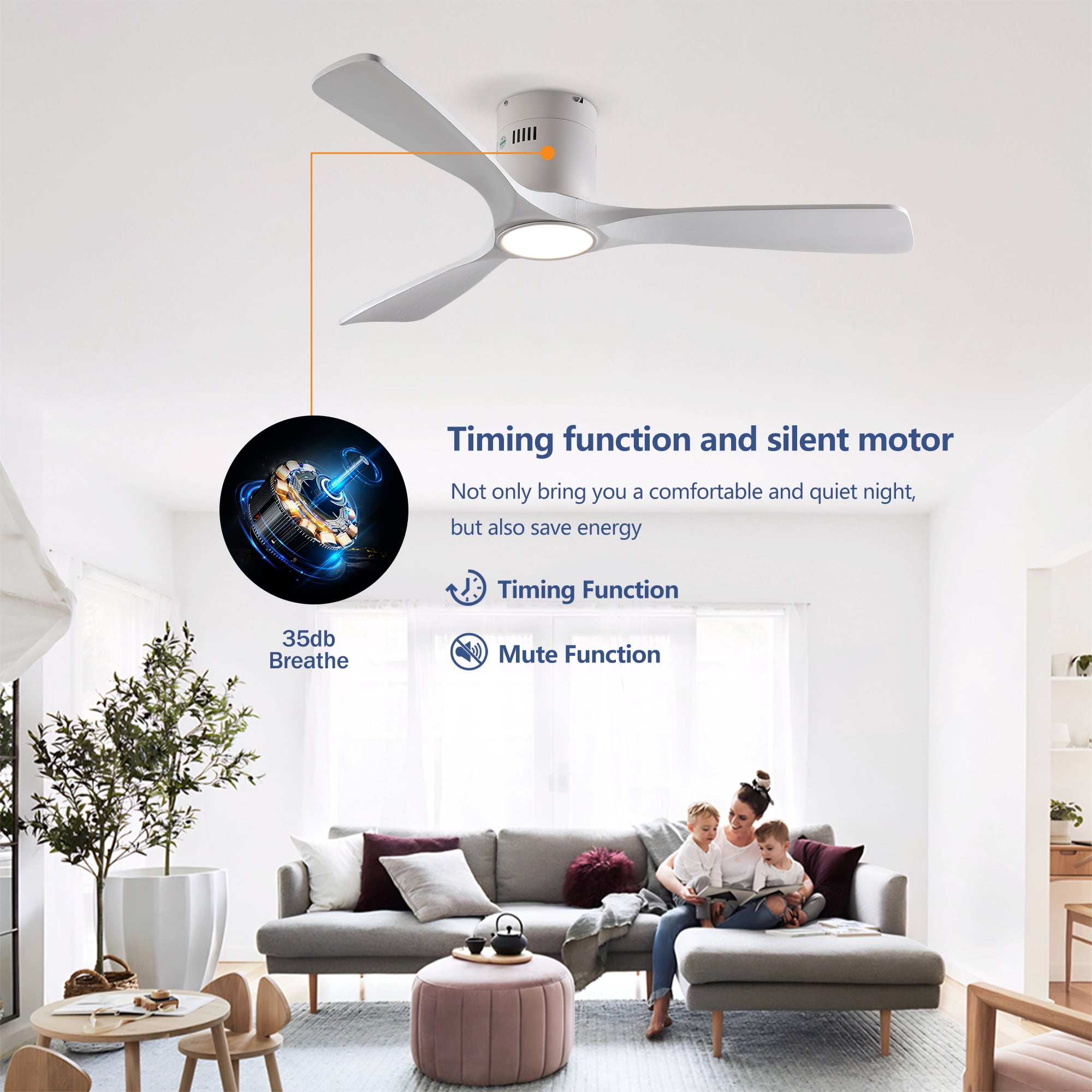 Eowynic 52-Inch Modern Ceiling Fans with Lights, 3 Wood Blades, DC Motor, 6-Speed, Remote Control, Flush Mount, White