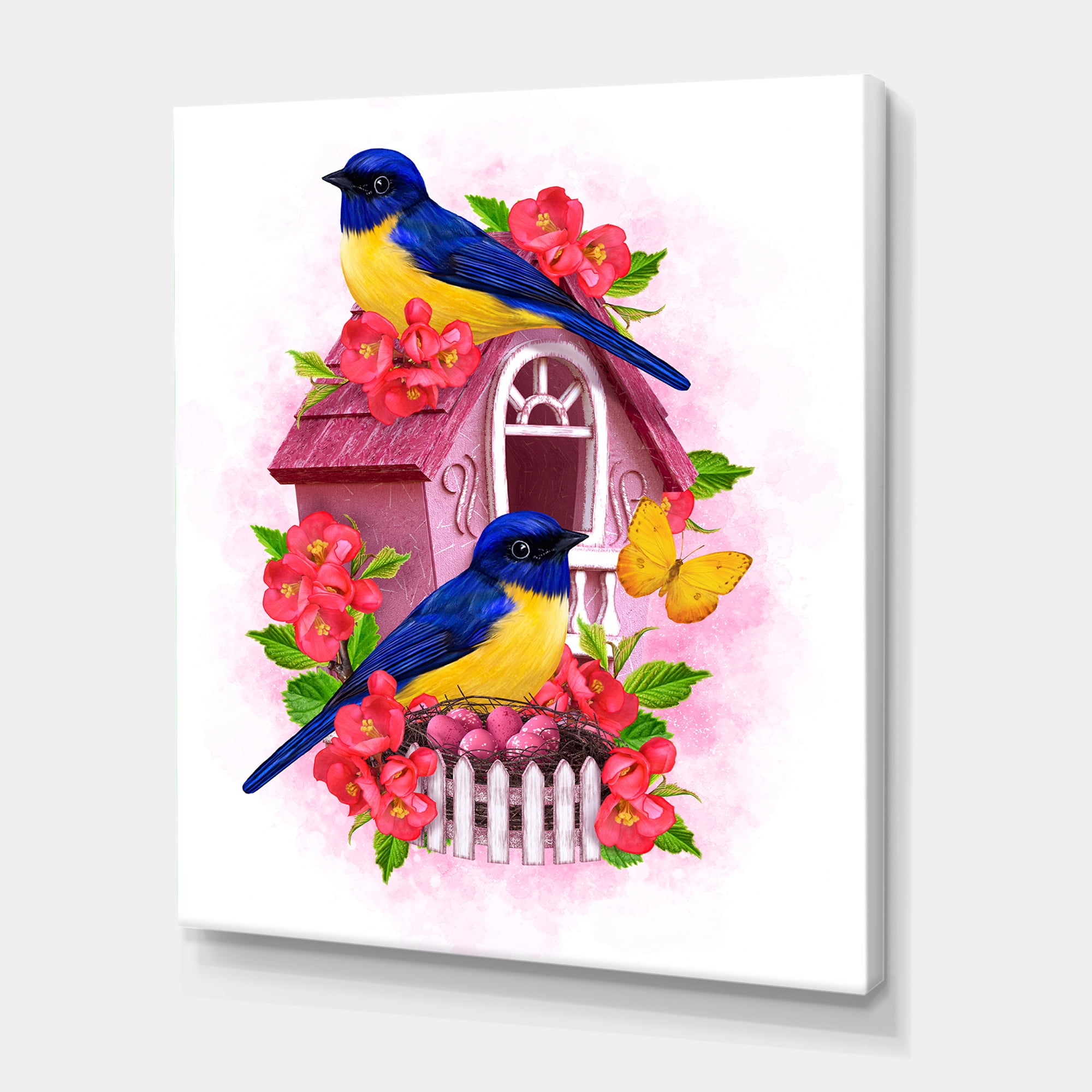 Designart ' Two Yellow and Blue Tit Birds Sitting Near The Nest ' Traditional Canvas Wall Art Print