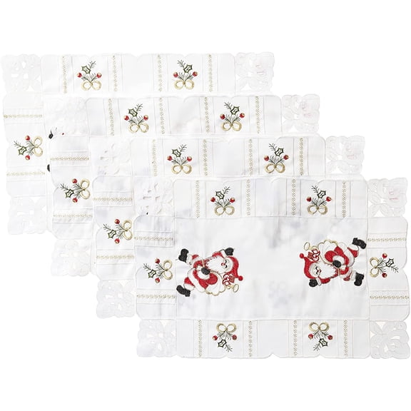 Violet Linen Santa Claus Holly Bows Embroidery Pattern, Polyester Cutwork Embroidered, White, 12" X 18" Rectangler Set of 4, Decorative Place Mats