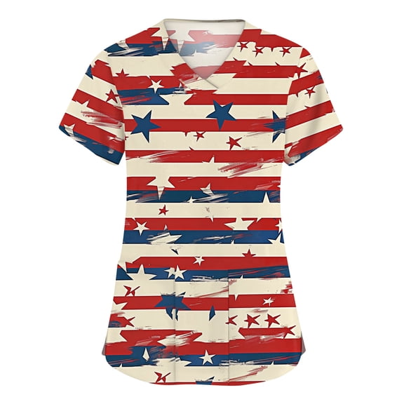 250th Anniversary USA Scrub Tops Women Casual Short Sleeve USA Flag Print Scrub Shirts V Neck Independence Day Patriotic Scrubs Nursing Workwear Medical Nurse Uniform with Pockets Beige XL
