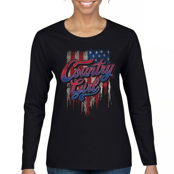Country Girl USA Flag Women's Long Sleeve T-shirt Patriotic Southern Cowgirl Red White Blue American Pride Life Lovers Gift