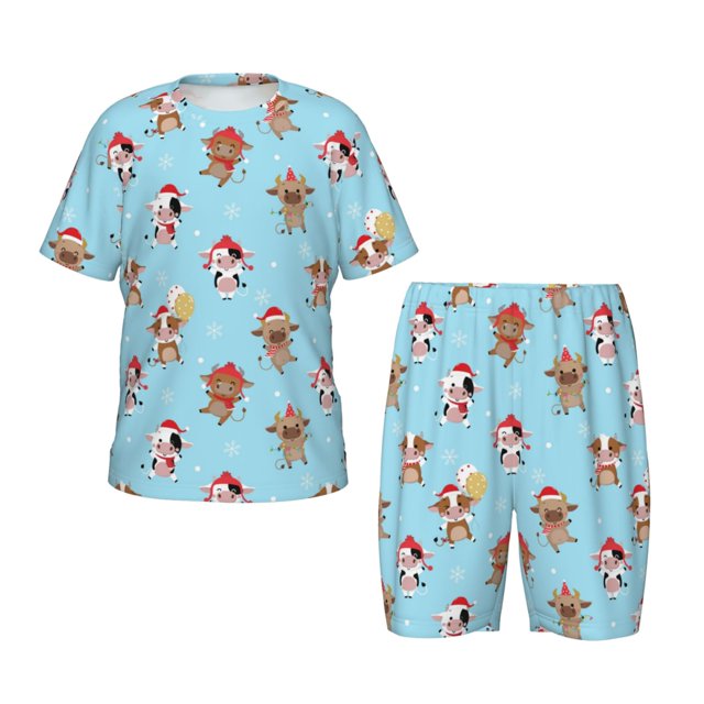 Fotbe winter cow cute Pijama Estampada de 2 Piezas para Niños – Ropa de Dormir de Manga Corta Cómoda para Niños y Niñas, Camiseta y Shorts de Algodón-3X-Large