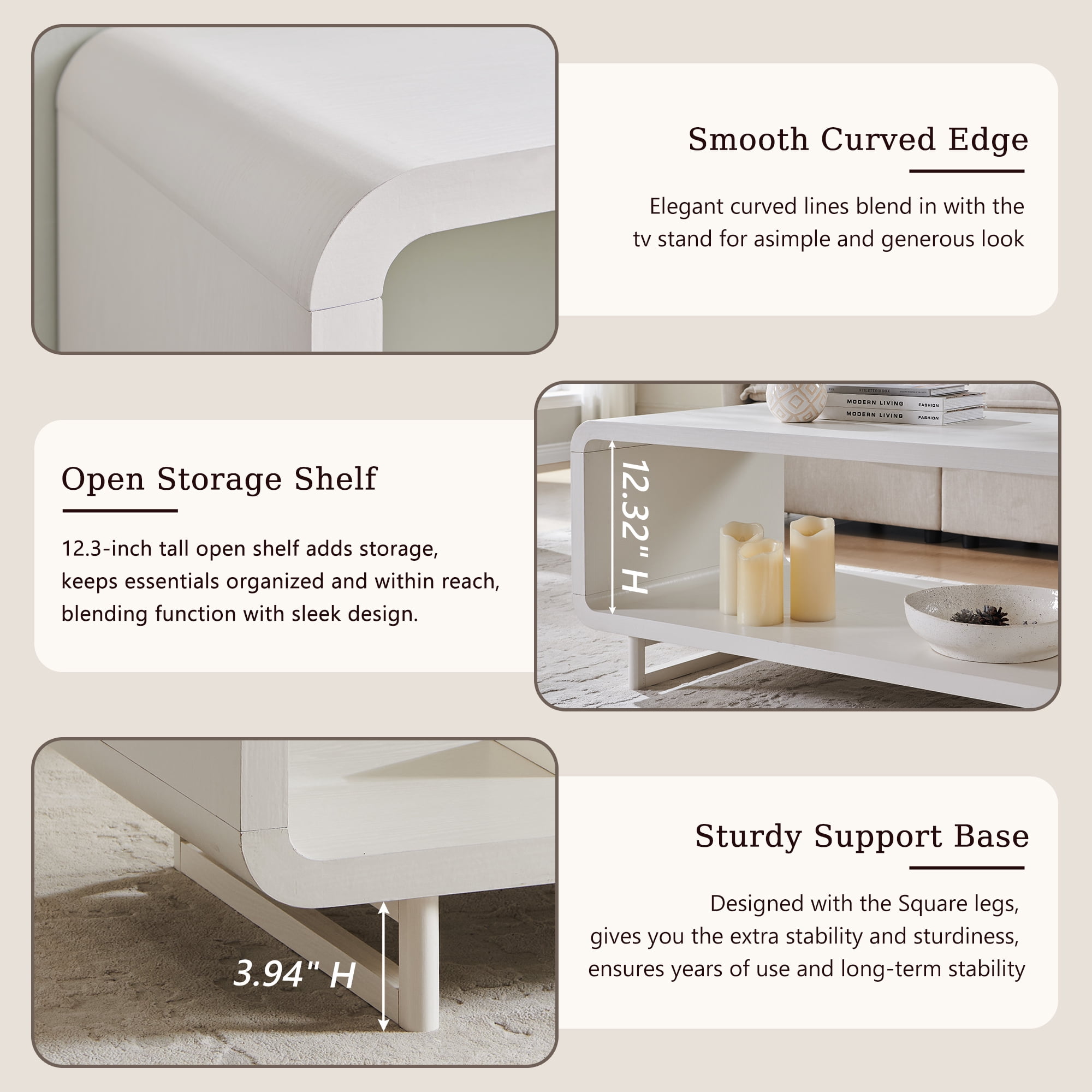 SinCiDo Modern Coffee Table with Storage Shelf, 2-Tier Wooden Rectangular Minimalist Center Table, Curved Profile Design for Living Room, Office, White