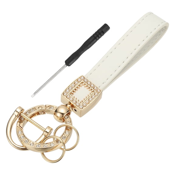 Leather Wristlet Keychain, Car Key Chain Holder with Gold Key Ring and Anti-Lost D Ring, Keychain Wristband for Women Men, White