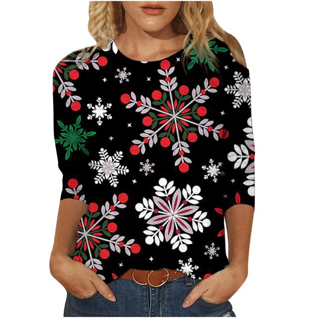 Camiseta informal de manga 3/4 con estampado navideño de primavera para mujer Pompotops gfhjh8399