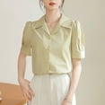 thumbnail image 4 of Women's Button Down Lapel Blouse Tops Short Puff Sleeve Collared Shirts Business Casual Solid Color Tops, 4 of 4