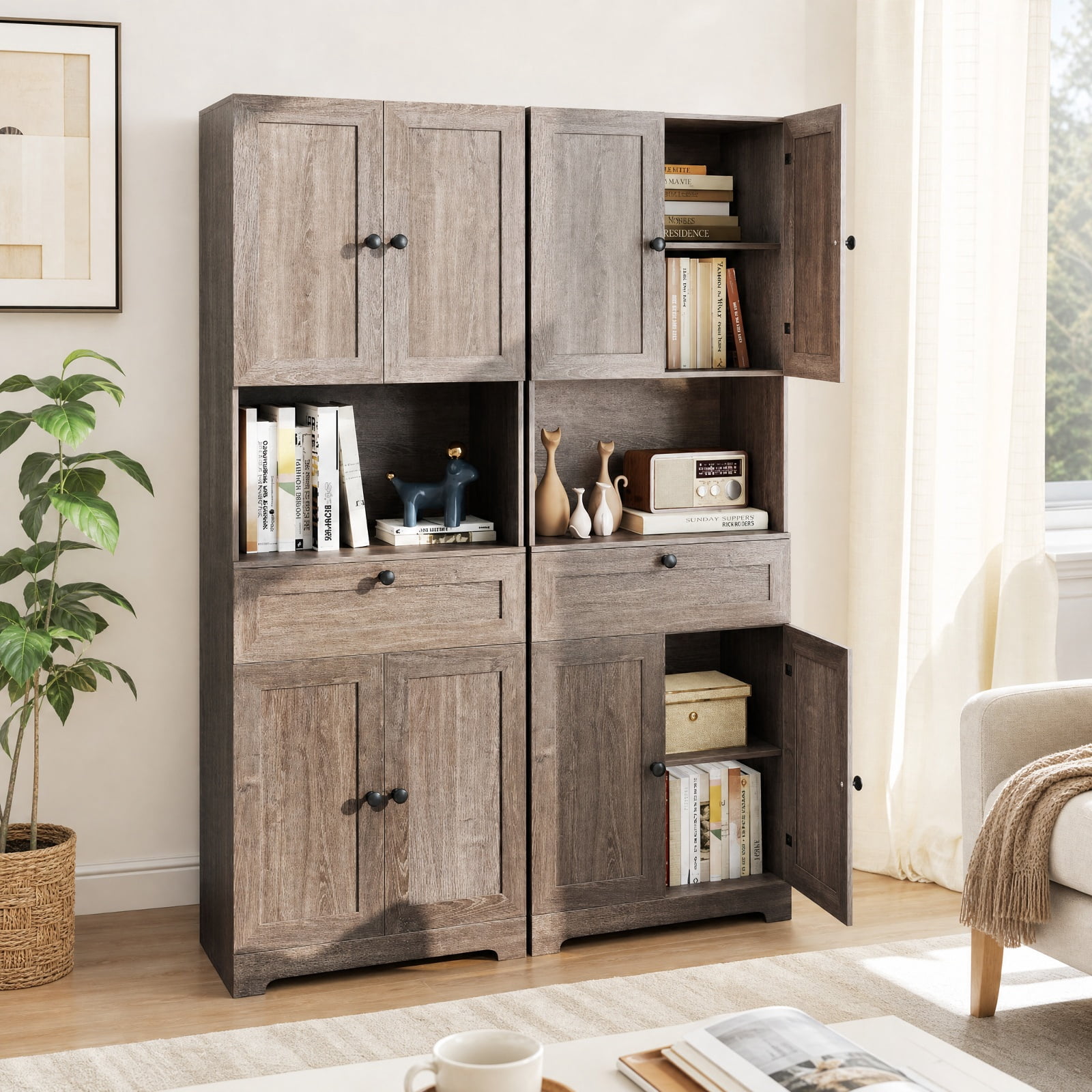 Furnibear 67.5 Inch Tall Modern Freestanding Floor Storage Cabinet with 4 Doors and 1 Drawer for Living Room Bedroom Entryway Hallway Storage, Oak
