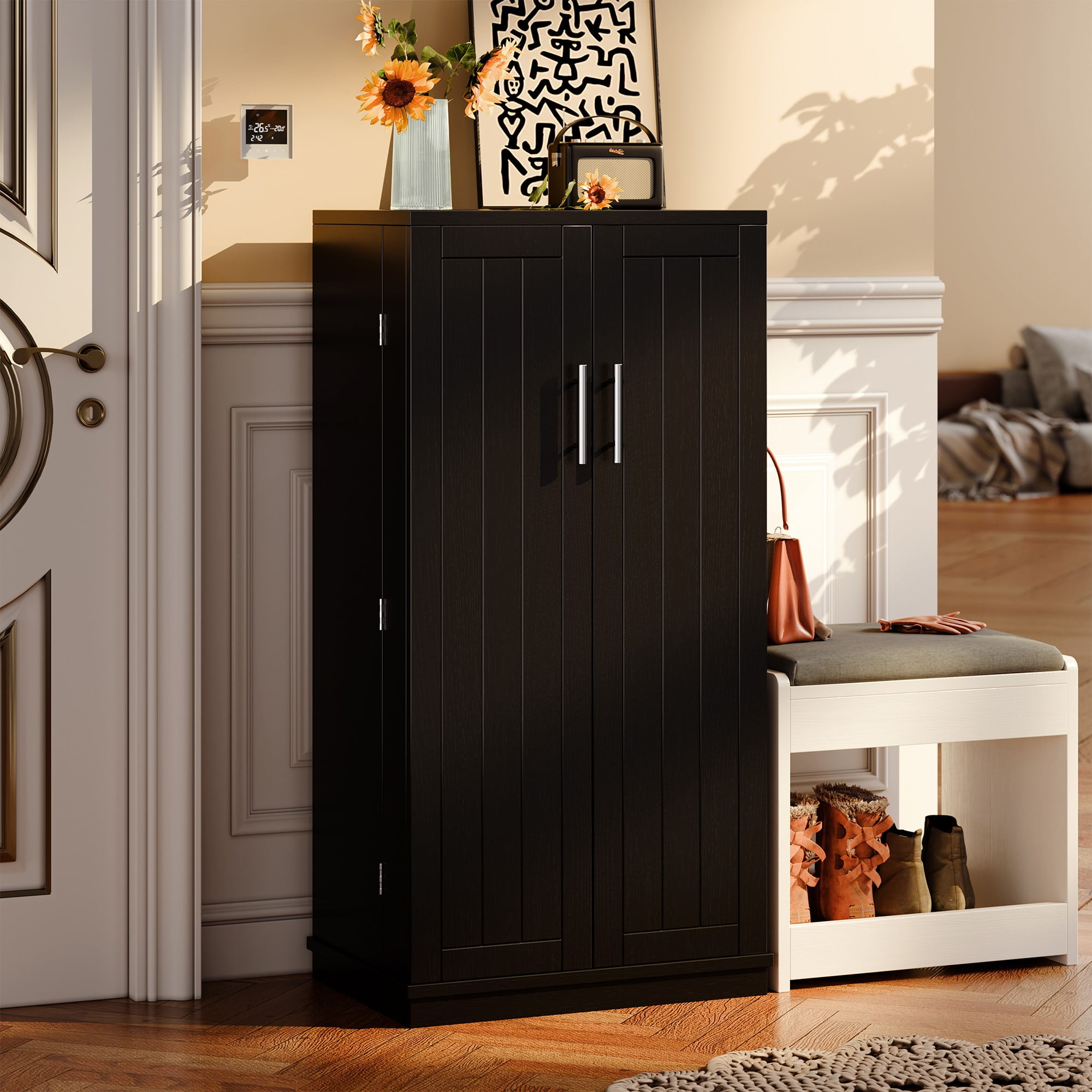 Walsunny Pantry Food Storage Cabinet 47" Free Standing Craft Cupboard with Doors Adjustable Shelves for Kitchen Entryway Dining Room Bathroom Black