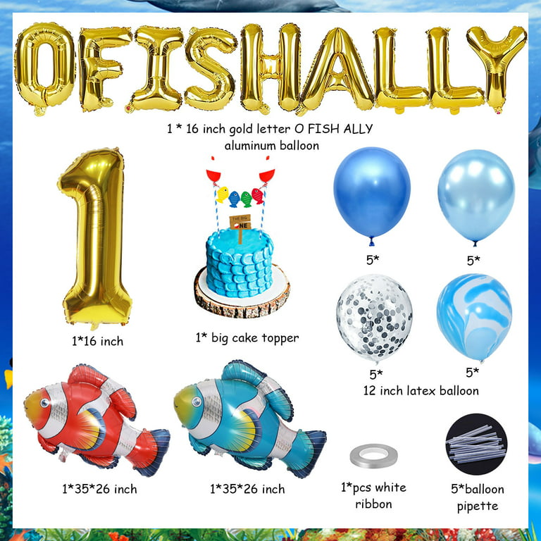 O FISH ALLY Fishing Theme 1st Birthday Decorations Cartoon Fish Balloons  Cake Topper Number 1 Foil Balloons for Boys 1 Years Old Birthday Supplies