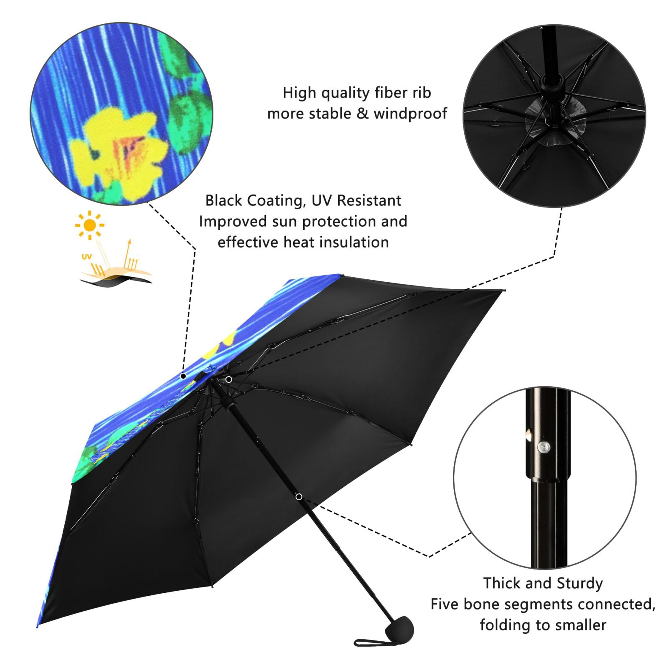 Blue Rain Flowers Umbrellas for Sun Auto Open Close UV50+ Waterproof 5-Fold Compact Fiberglass Frame