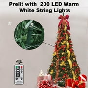 6FT Pop Up Christmas Tree Artificial with Remote, Pull Up Christmas Tree with Pre-lit 200LED Warm Lights, Holiday Party Decorations Red Gold