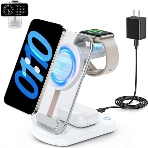 2024 Soporte magnético inalámbrico para cargador Mag-Safe, cargador rápido 3 en 1 con luz para iPhone 16 15 14 13 12 Pro Max Plus, plataforma de carga para Apple Watch Series y Air pods 3 2 Pro (blanc