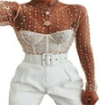 thumbnail image 3 of Hauts d'Été en Maille Transparente pour Femmes Manches Longues Col Strass Ajusté Crop Tops, 3 of 7