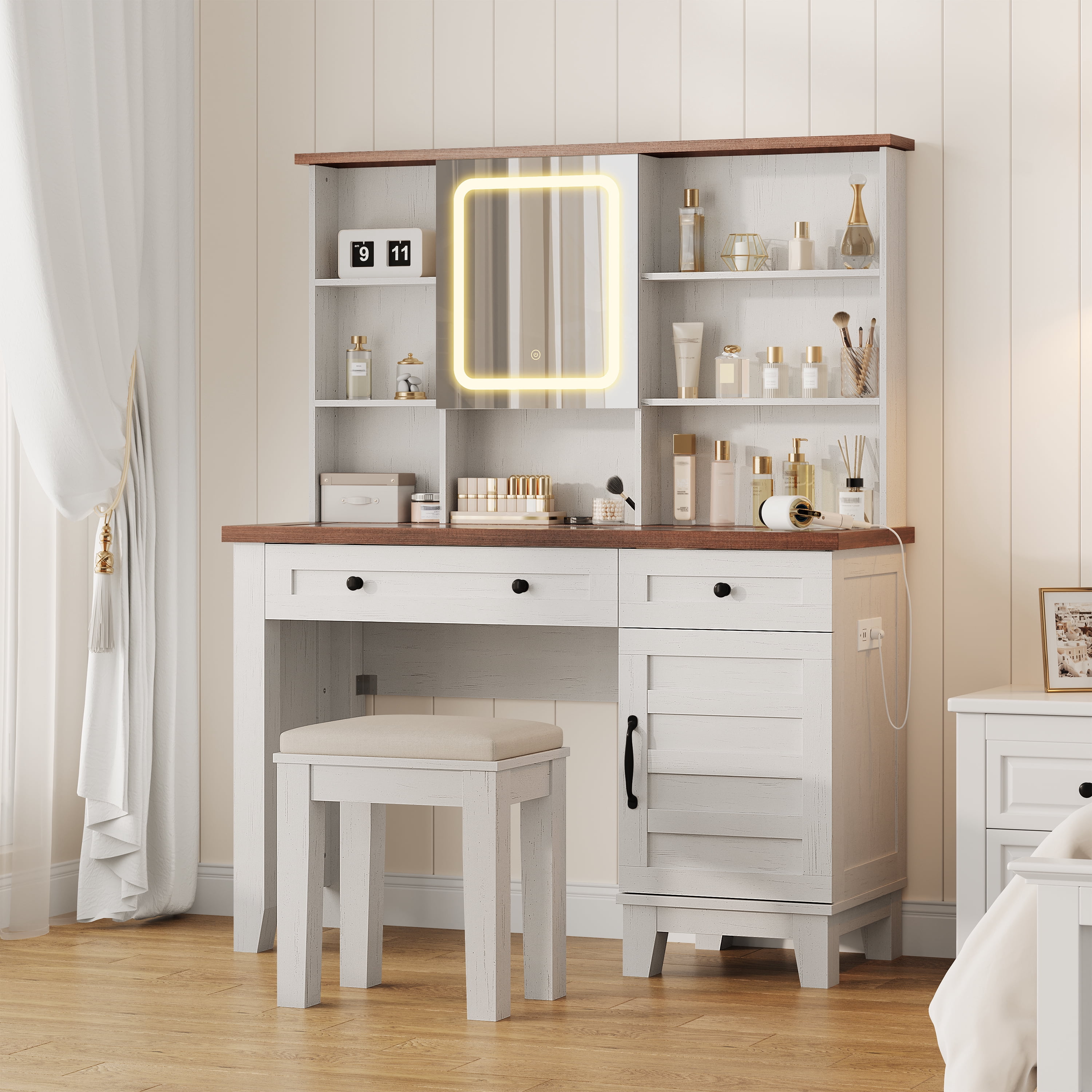 42'' Farmhouse Makeup Vanity Desk with Lighted Mirror, Glass Top, Charging Station, Storage Drawers & Cabinet, Upholstered Stool – Bedroom or Dressing Room – Brown and White