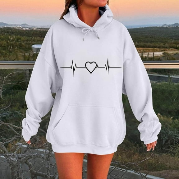 Xdegoge Heart Print Hoodies for Women Trendy Pullover Drop Shoulder Long Sleeve Tops with Pocket Comfy Going Out Casual Drawstring Sweatshirt 2025 Fall Winter Streetwear Outfits