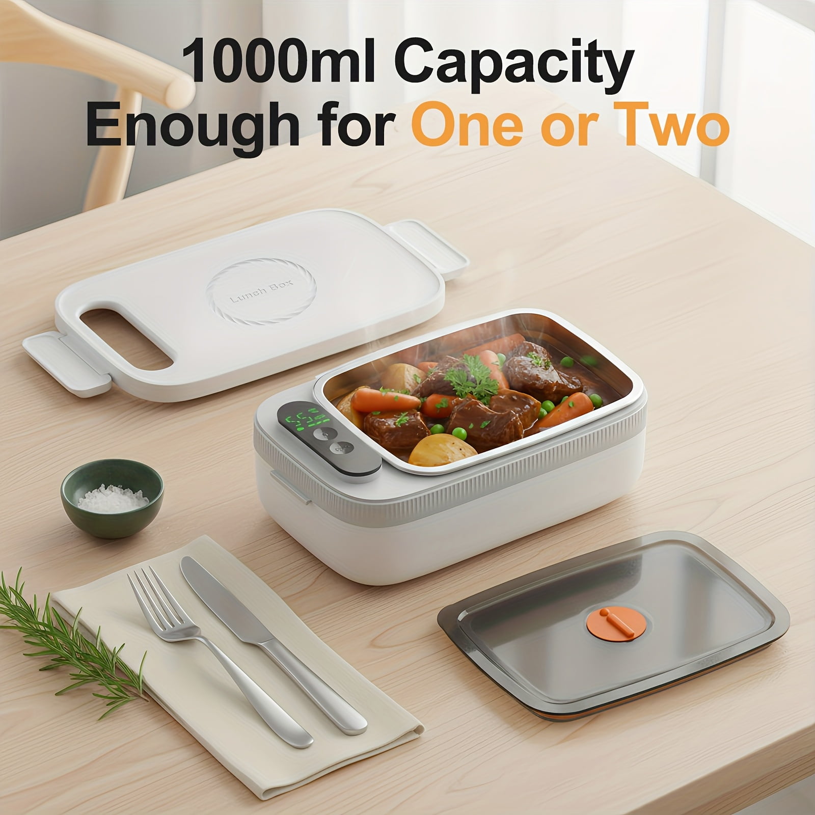 Cordless Electric Lunch Box, Battery-powered Heating Lunch Box, Food Heating 33.81oz Adjustable Heating Time, Equipped With Tableware And Insulating Bag, Suitable For Trucks, Camping, And Offices
