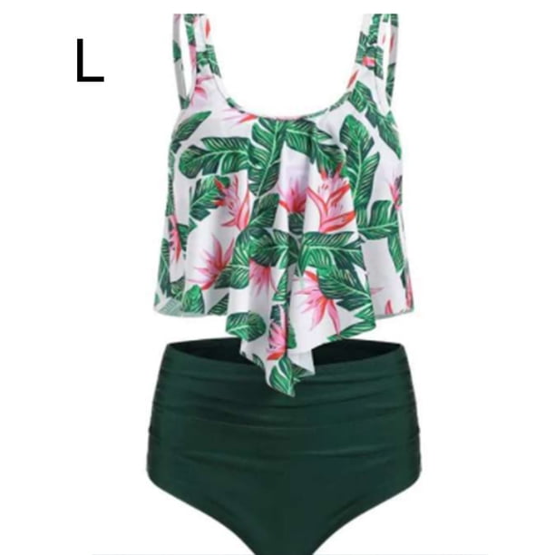 Greeniant Traje de baño sin mangas de cintura alta con estampado de hojas digitales de piezas para mujer Traje de baño No.2 L Greeniant OD001368-09