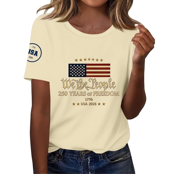 JFGHDG Womens T Shirts Years Anniversary Tee Usa Themed 4th Of July Tee Casual Patriotic & July 4th Tee Hawaiian Patriotic Independence Day Shirt Beige L