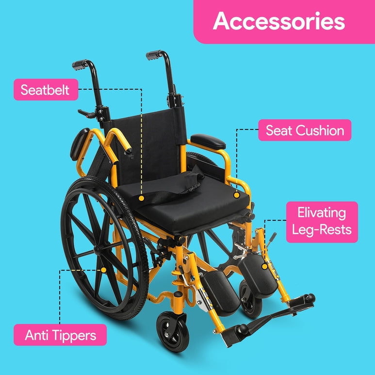 Smilez Pediatric Wheelchair Fun Lightweight Foldable Kids Wheelchair with Cushion Seat, Seat Belt and Anti-Tippers Included