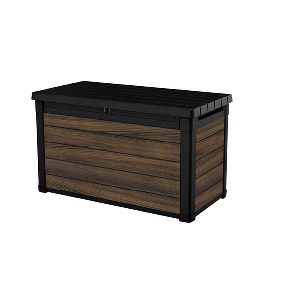Keter Rosewood 100 Gallon Resin Deck Box Organization and Storage for Patio Furniture Outdoor Cushions, Throw Pillows, Garden Tools and Pool Toys, Brown