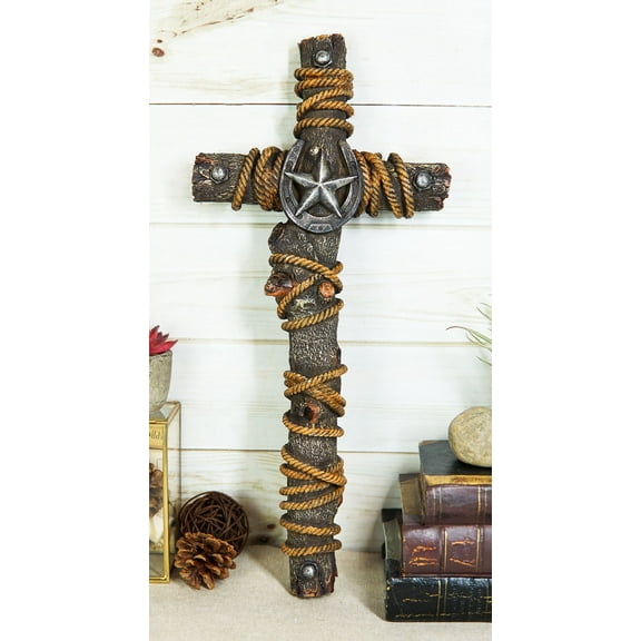 Rustic Western Lone Star with Horseshoe Nailheads and Braided Ropes Wall Cross