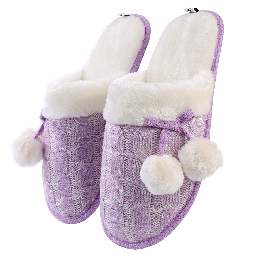 Women’s Fuzzy Knit Pom-Pom Memory Foam Slippers – Non-Slip House Shoes, Cozy Indoor Footwear