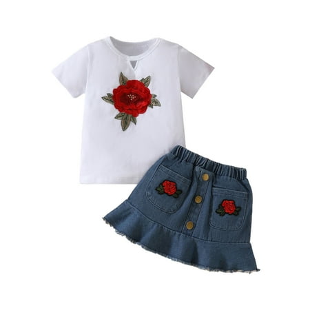 

TJAZFJPA Spring Outfits for Toddler Girls Toddler Girls Short Sleeve Embroider T Shirt Pullover Tops Ruffles Rose Denim Skirts Outfits Girls Tennis Outfit