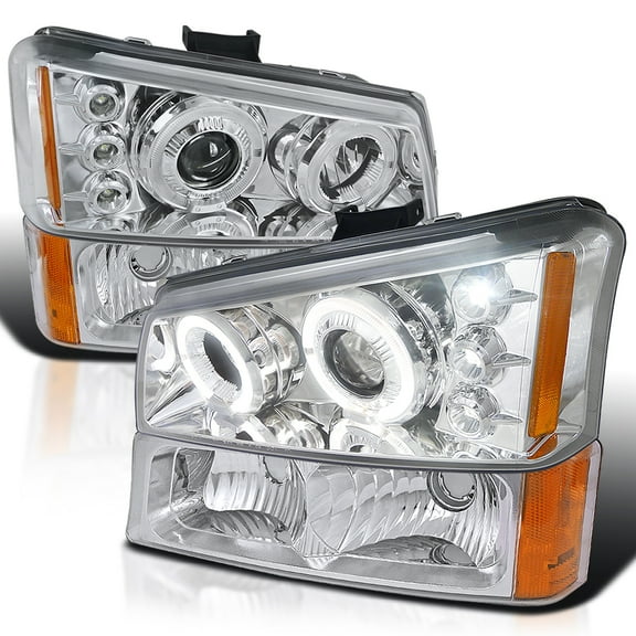 Spec-D Tuning Chrome Halo LED Projector Headlights   Chrome Bumper Lights Compatible with 2003-2006 Chevy Silverado, Left   Right Pair Headlamps Assembly
