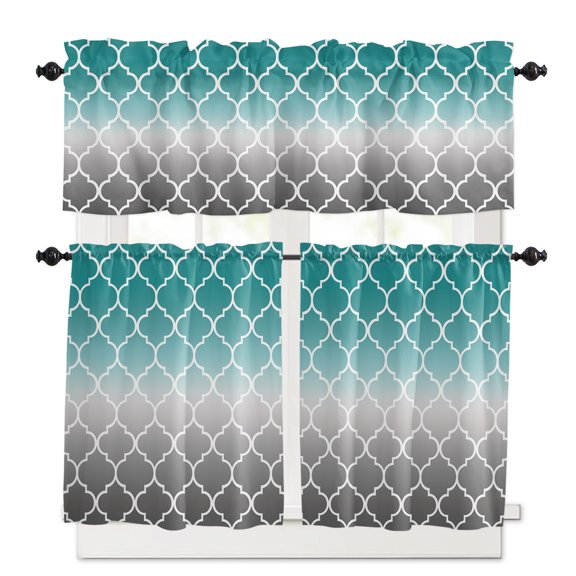 Teal Grey Ombre Morocco Pattern Kitchen Curtains and Valances Set, 3 Piece Kitchen Curtains Set 36 Inch Length, Modern Moroccan Geometric Rod Pocket Curtains Tier Farmhouse Window Curtains