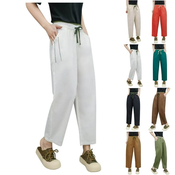 yillto Womens Straight Leg Pants Cotton Elastic Waist Drawstring Causal Loose Tapered Trousers Pant