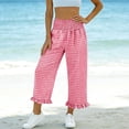 thumbnail image 5 of AKOEE Cute Summer Capris Plaid Print Smocked High Waist Wide Leg Capri Pants Pockets Ruffle Hem Casual Beach (XL, Red), 5 of 7