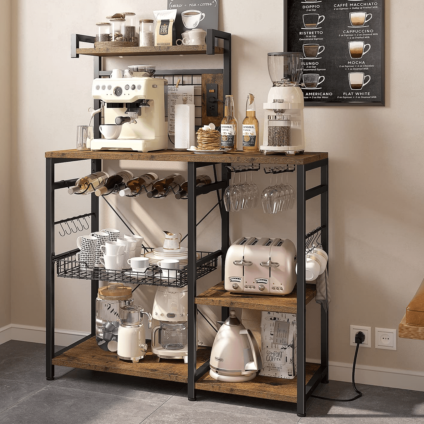 EnHomee 6 Tier Kitchen Bakers Rack Microwave Oven Stand with Storage Coffee  Bar with Shelves Cabinet Hooks, 29.5 W * 13.9 D * 63 H Rustic Brown 
