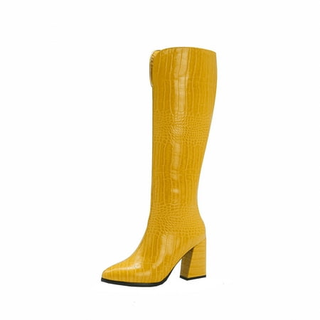 

jsaierl Autumn And Winter Thick High-heeled Pointed Toe Slim Boots Side Zipper Print Warm High-top Boots