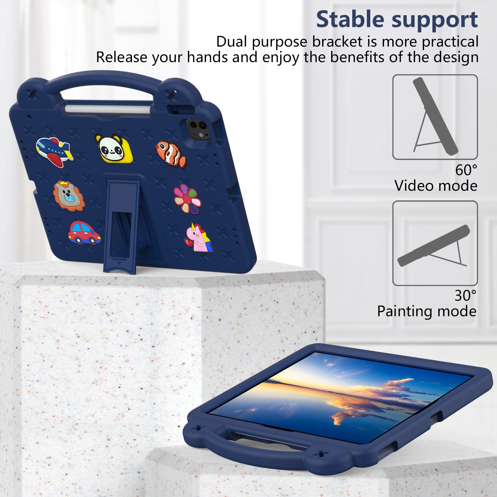 Nalacover Cartoon Handle Case for Apple iPad Air 13 inch (2024) Case, EVA Foam Cute Pattern with Pencil Holder Kickstand Cute Shockproof PC Case for Apple iPad Air 13 inch (2024), Navyblue