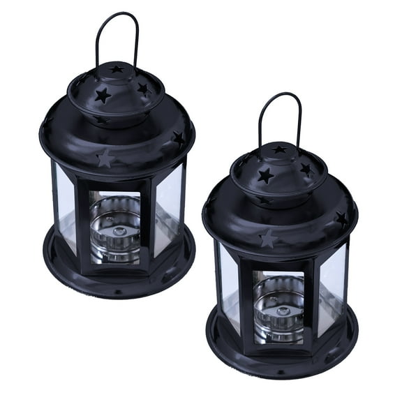 2 Pcs European Design Antique Glass Hanging Candle Lanterns with Stars Metal Frame Candlestick Holder Night Lamp, Romantic Xmas Wedding Party Decoration (Black)