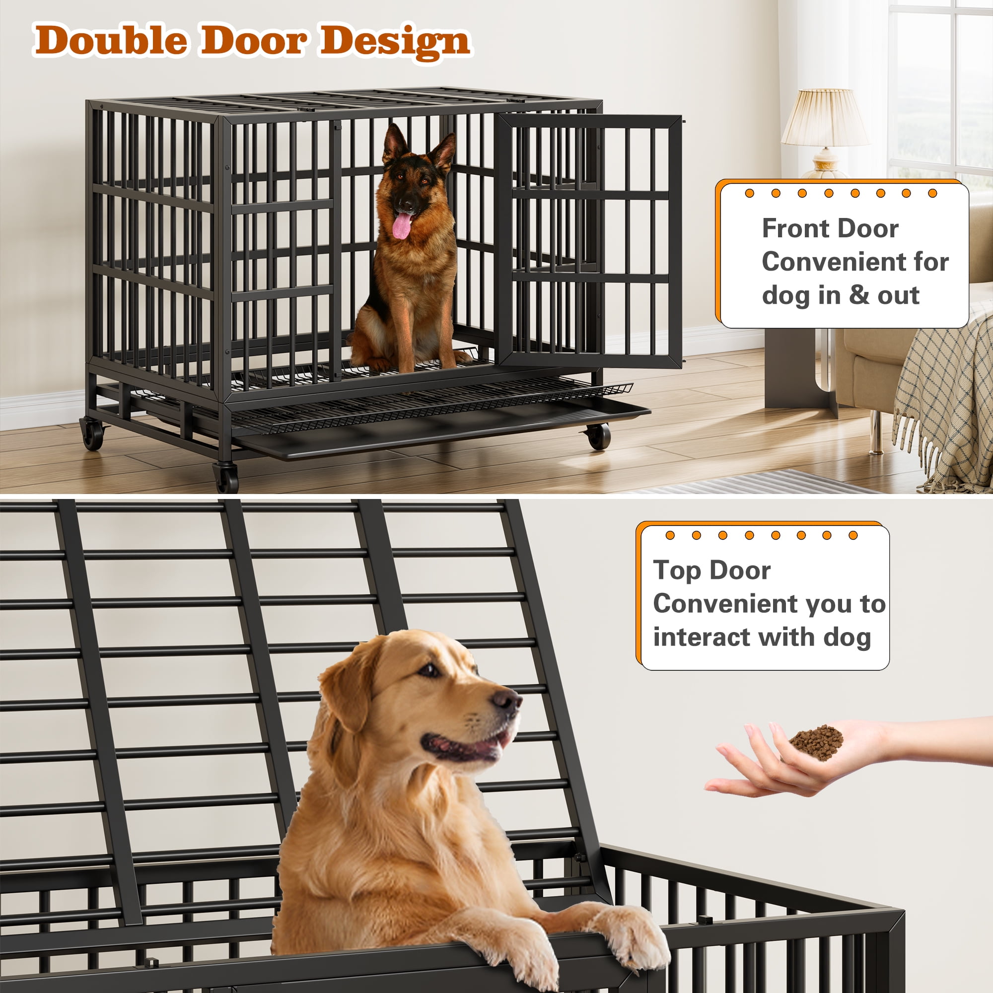 48" Heavy Duty Stainless Steel Dog Cage with Double Doors Divider Panel & Removable Tray for Indoor Outdoor Black