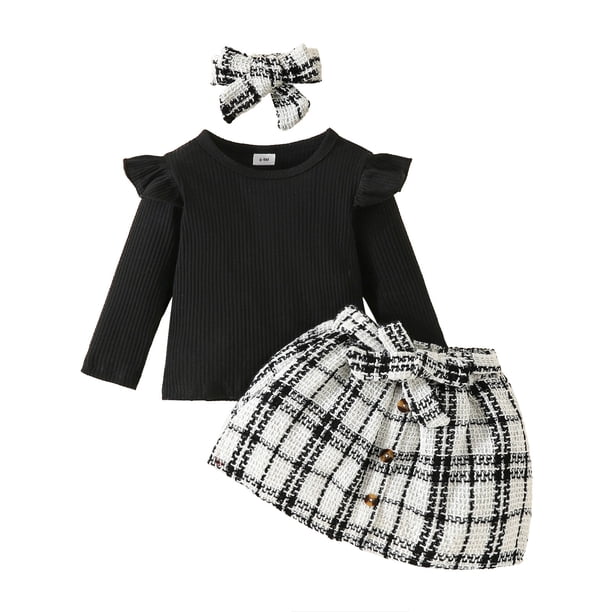 Conjunto de pantalones Gibobby para niñas Otoño Invierno estilo manga larga Poliéster Spandex a cuadros negro Top Falda independiente 18-24 M