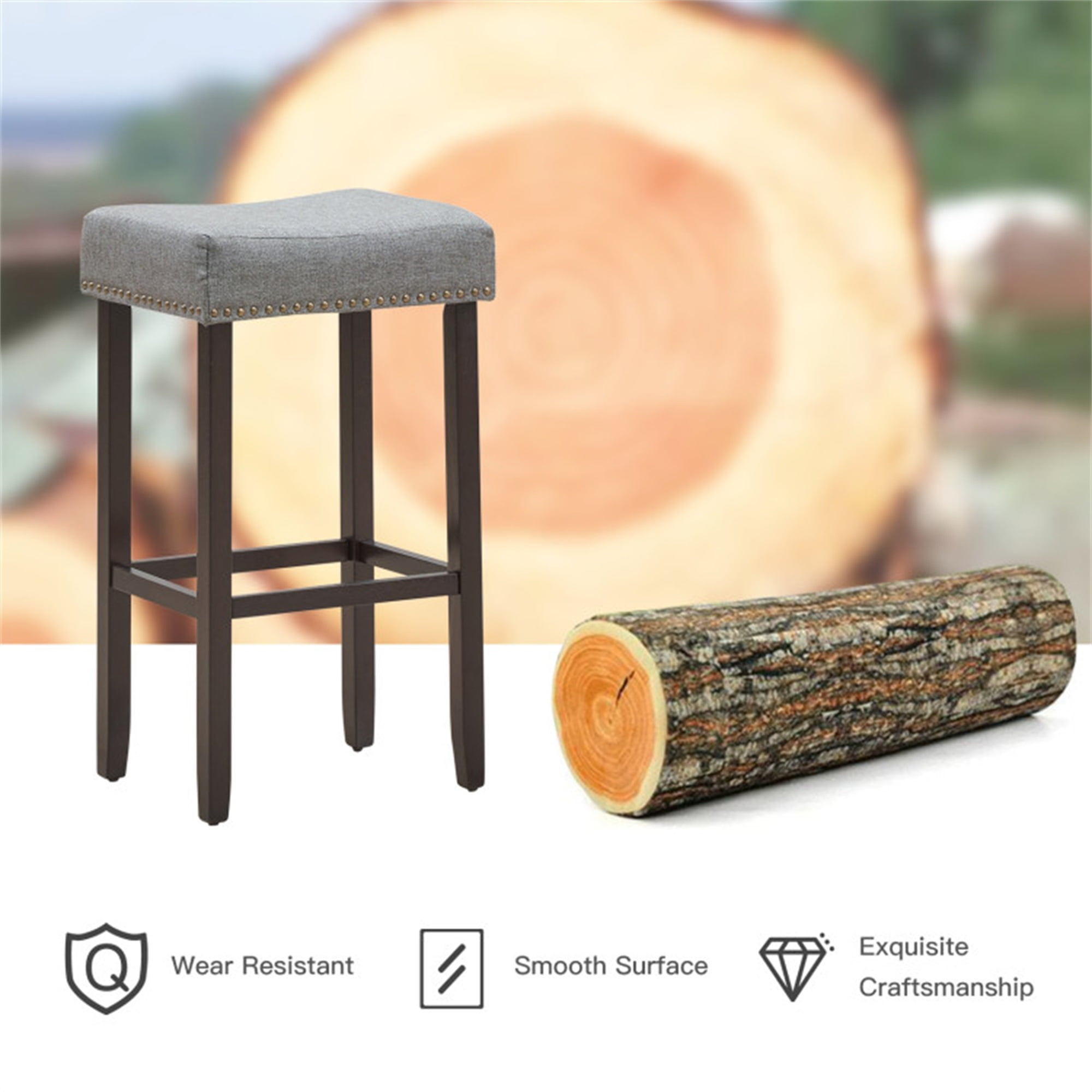 Demi Bonn Set of 2 Nailhead Saddle Bar Stools, 29" Heightdoor Modern Dining Chair, Gray