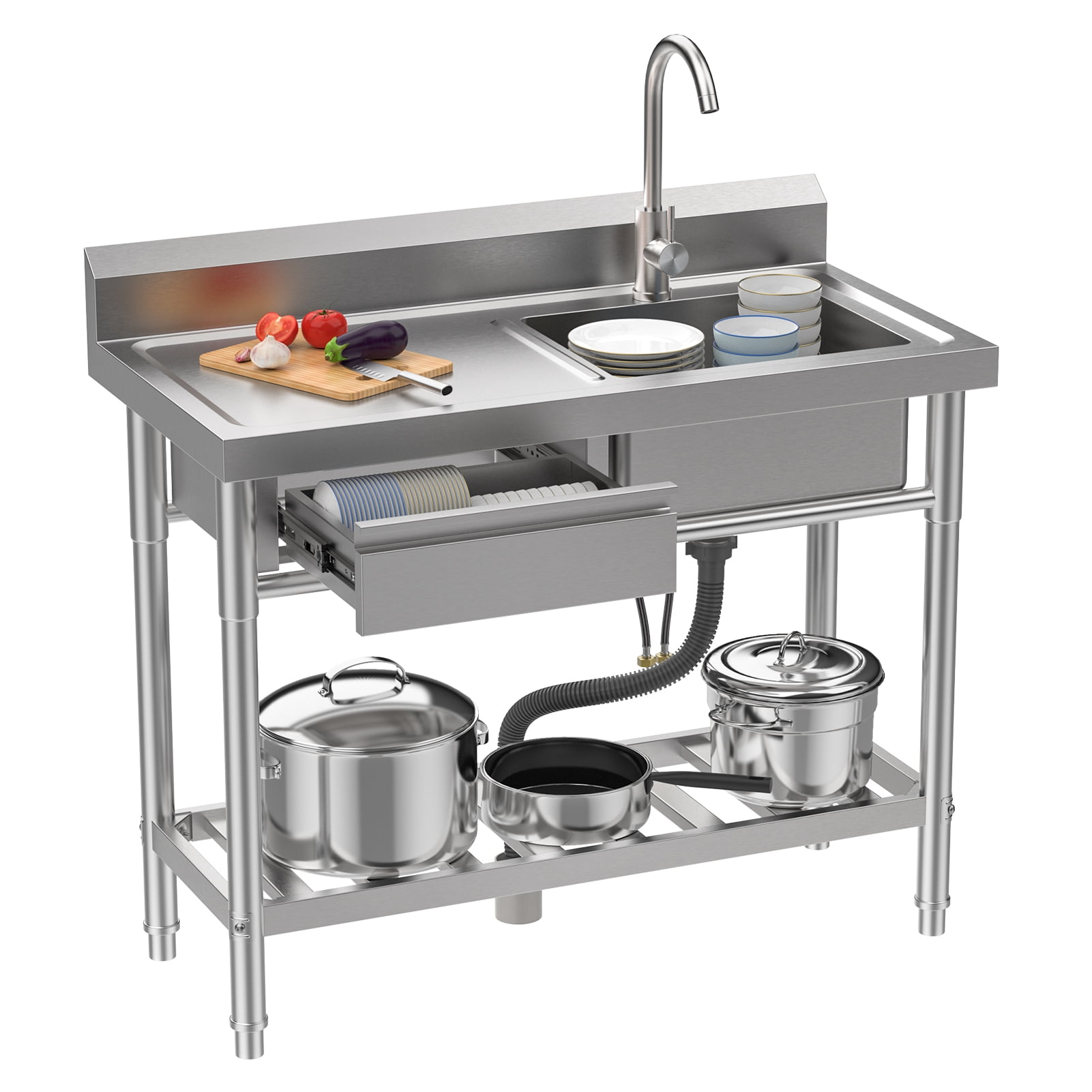 Thehsnt 39-Inch Stainless Steel Sink with Drawer & Shelf – Free Standing Utility Sink with Hot/Cold Faucet for Kitchen, Laundry, Outdoor