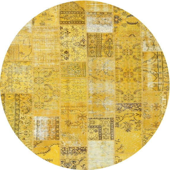 Ahgly Company Indoor Round Contemporary Yellow Patchwork Area Rugs, 3' Round